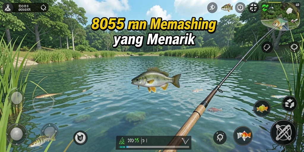 Tampilan gameplay menarik dalam 8055 dengan berbagai ikan.