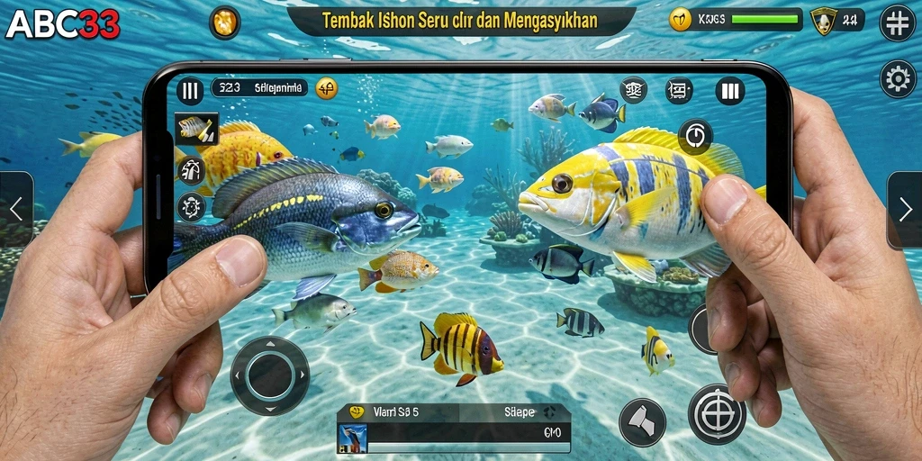 Tampilan gameplay seru Tembak Ikan di ABC33 dengan berbagai ikan yang menunggu untuk ditangkap.