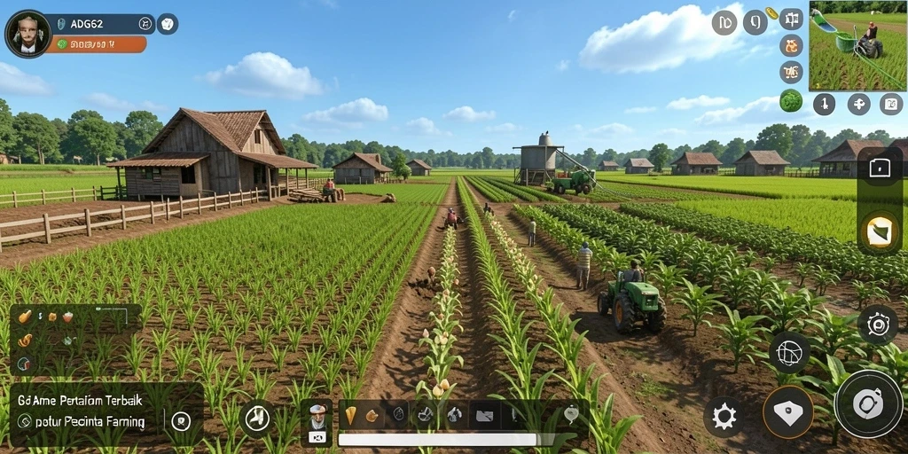 Tampilan screenshot utama ADG62 menunjukkan aktivitas seru di lahan pertanian.