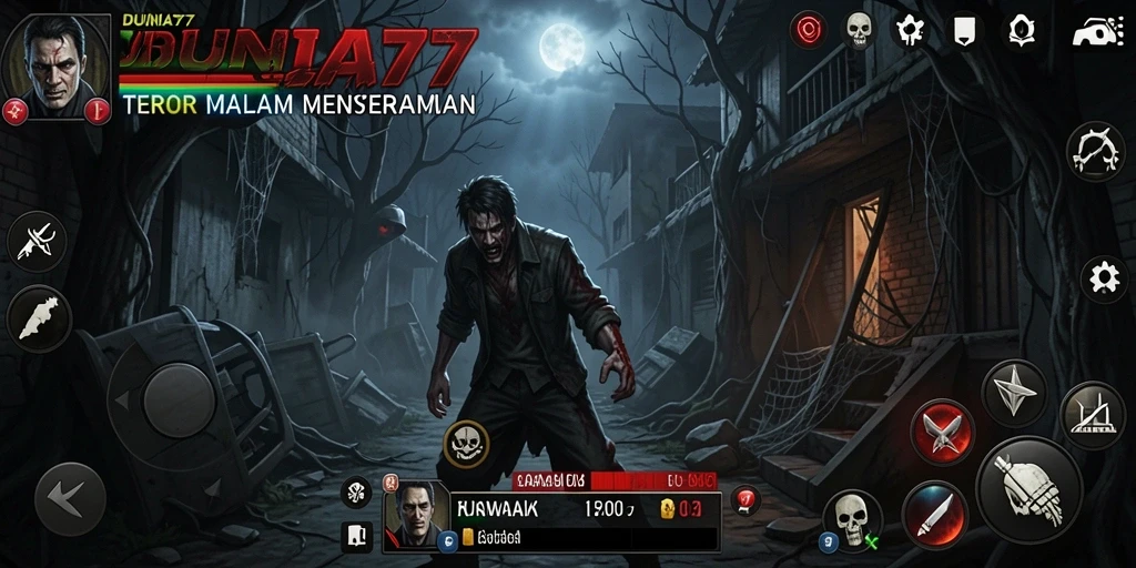 Tangkapan layar DUNIA77 menampilkan suasana gelap dan menegangkan dalam gameplay.